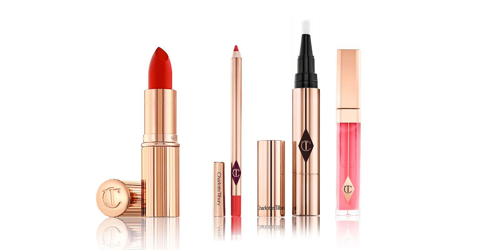 K.I.S.S.I.N.G lipstick in Love Bite | The Retoucher concealer | Lip Cheat lip liner in Kiss ‘N’ Tell | Lip Lustre lipgloss in Hall of Fame 